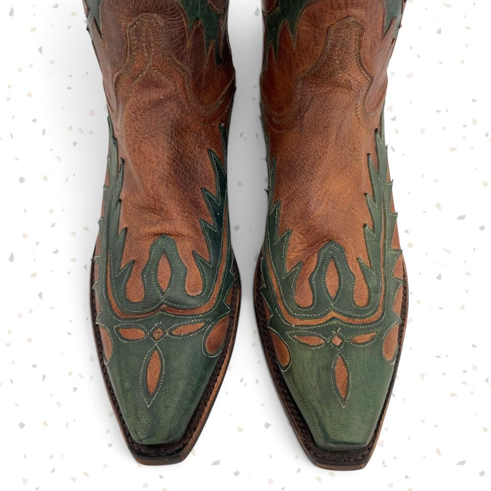 Vintage Lucchese Classics Western Boot Cowboy Green Overlay Brown Leather Size 6 - Picture 7 of 15